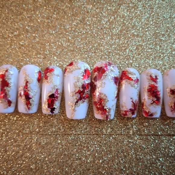 white and red geode med square press on nails acrylic nails - Picture 5 of 6